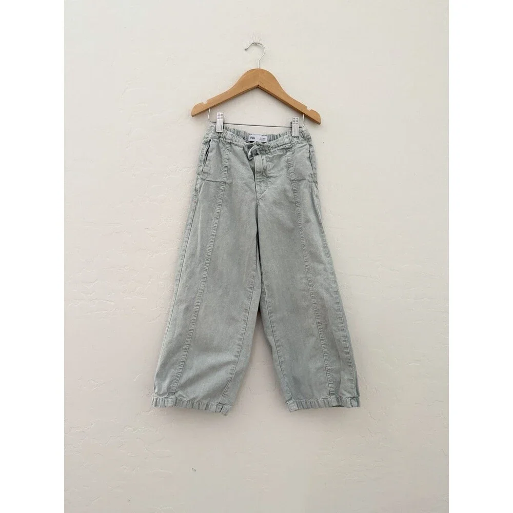 Zara Girls Sage Green Wide Leg Pants Size 7 Drawstring Waist